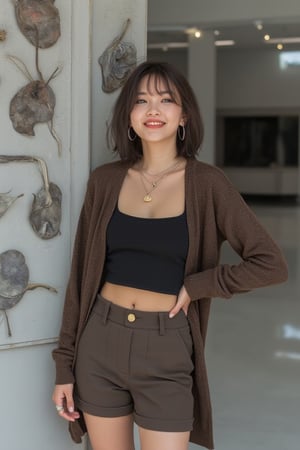 A fashionable short_hair woman lean against a modern art installation, dressed in a long-sleeve cropped cardigan over a sleeveless crop top and tailored shorts. She flashes a confident smile, one hand on her hip, exuding cool confidence.