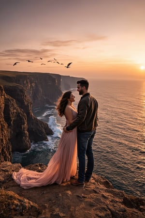 A breathtaking, realistic depiction of a couple standing on the edge of a dramatic cliff at sunset, overlooking a vast, endless ocean. The scene captures the golden hour, with the sun dipping just below the horizon, casting a warm, amber glow across the sky and the water. The couple stands close together, their hands gently intertwined, with the wind softly tousling their hair and clothes. The man, dressed in a fitted, rugged jacket and jeans, gazes lovingly at the woman, who wears a flowing, elegant dress that catches the light beautifully. Their expressions are a mix of love and awe, as they share this intimate moment in the midst of nature's grandeur.

The background features towering cliffs with jagged rocks, waves crashing far below, and the sky painted in deep oranges, pinks, and purples. Far in the distance, a flock of birds soars across the sky, adding to the sense of freedom and connection with nature. The scene is both epic and tender, with the vastness of the landscape highlighting the depth of their bond and the timeless beauty of their love.
