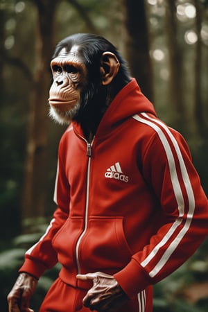 high-contrast palette, subtle grain, timeless feeling, cinematic quality, fashion photography, (chimp:1.2) wearing a red Adidas style tracksuit, natural skin texture, realistic skin texture, (skin pores:0.8), (skin oils:0.6)