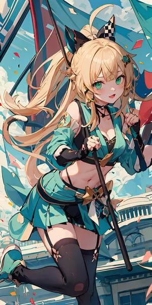 (masterpiece), best quality, ultra-detailed, illustration, kawaii, cute colors, contrast color, pastel colors, , 1girl , kirara_genshin,  blonde hair, ahoge, hair ornament, , cat mouth pose, (midriff, navel), (holding flag pole, checkered_flag), dynamic pose, confetti, teal jacket, cleavage, teal skirt, garter strap, black knee high, green shoes, fingerless gloves, belt, bow, racing pattern clothes, ((black stocking)), two tails, cat tails, windy, floating hair