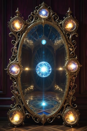 (magical mirror by santa), When gazing into the Enchantare Reflectus, one is met not with a mere reflection but a captivating spectacle of unseen dimensions. The mirror possesses the ability to unveil hidden truths, offering glimpses into the past, present, and potential futures. Its mystical properties grant the beholder visions that are both vivid and surreal, presenting a tapestry of events, emotions, and destinies intertwined. The mirror's revelations are not bound by the constraints of time or distance, allowing it to peer into distant lands or bygone eras with unparalleled clarity.