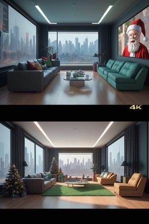 ((masterpiece, best quality)), ((christmas)), futuristic house, cyber , data, holographic, (santa claus wearing VR headset:1), sitting in futuristic chair, A futuristic house, shining with vibrant lights, (best quality,4k,8k,highres,masterpiece:1.2), (realistic,photorealistic,photo-realistic:1.37), ultra-detailed, ultra-modern architecture, cutting-edge design, sleek and angular lines, glass walls, interactive holographic displays, (HDR,UHD) representations, (studio lighting), smart home automation, nature-inspired elements, (vivid colors), floating furniture, high-tech gadgets, state-of-the-art appliances, (bokeh) effect, panoramic views of the cityscape, (physically-based rendering), lush indoor gardens, (sharp focus), minimalist interiors, (extreme detail description), (professional) interior design, futuristic transportation systems, flying vehicles, robotic assistants, (concept artists) dream, a vision of the future.,Cyberpunk VR 