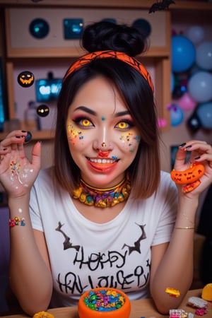 A fun Korean woman flashes a bright smile with her vibrant Halloween Facepaint, her eyes glowing like jack-o'-lanterns. She’s rocking a white "Happy Halloween" t-shirt that matches her spirited mood. Surrounded by colorful candies and spooky treats, she invites everyone to join in the festive fun!