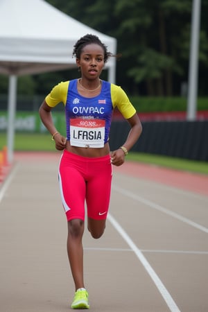 face focus, beautiful young african woman running, olympic, colorful clothes, epic, winning, (finish line) , [[motion blur]] 