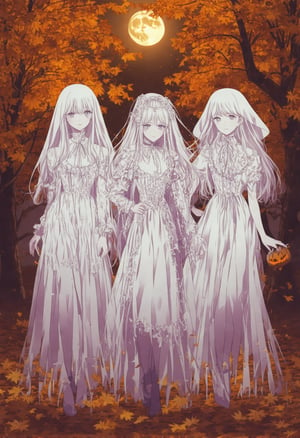 manhwa_style, Three young girls, dressed in ghostly white transparent Phantom-inspired costumes, pose against a dramatic autumnal backdrop. Contrasting shades of orange and yellow leaves create a warm glow, while the moon casts an eerie light on their faces. The trio's hauntingly beautiful Halloween attire seems to blend seamlessly with the atmospheric setting, as if they've stepped out of a 19th-century Parisian opera.