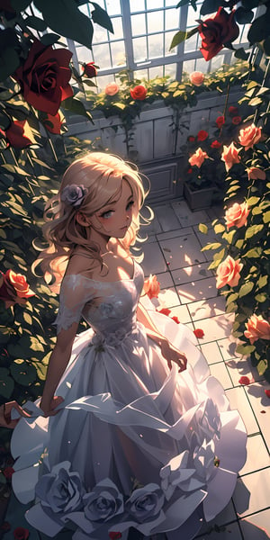 (((rose:1.2))), (masterpiece), best quality, ultra-detailed, illustration,  (kawaii style), pastel colors, kawaii, cute colors, ((from above)), rose flower, intricate rose, sequin-dress, long dress, ((intricate dress made of rose:1.2)),  dynamic pose, photojournalism, cel-shading, 1960s hippie, foreboding emotional tone, with marc simonetti style, rose garden,Glass flower room