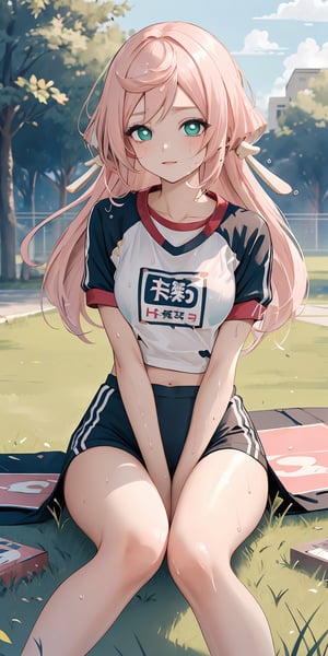 (masterpiece), best quality, ultra-detailed, illustration, kawaii style, pastel colors, , kawaii, cute colors, 1girl,frontview, sweat, wet clothes, [[[bra]]], navel, yanfei \(genshin impact\), , pink hair, long hair, green eyes, alternate costume, black shirt, shirt, short sleeves, breasts, gym uniform, blue buruma, bare legs, thighs, (sitting), [[side]], depth of field, dated, schoolyard, grass,pastel colors