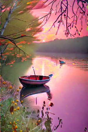 digital painting that captures a serene scene of a lake at sunset. The sky is painted in hues of orange and yellow, while the sun gently dips below the horizon. A small boat is visible in the foreground, adding to the tranquil atmosphere. The lake is surrounded by lush green trees and bushes, enhancing the overall beauty of the scene, warm orange and pink hues casting a beautiful glow, cinematic lighting, detailed digital painting by Aaron Blaise and Robert Bateman and Carl Runguis, 4k resolution, hyperrealistic rendering, ethereal atmosphere. highly detailed and hyper realistic photo, by Alena Aenami , by Archibald Thorburn , by Daniele Afferni , in the style of  monochromatic silhouette reflection,  limited dark palette, unusual dark colors, faded colors, atmospheric haze, highly dramatic cinematic lighting, motion blur, film grain,  professional, excellent composition, finest details, maximized details, ultimate detail level, masterpiece, best quality