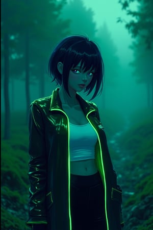 neon_glow, anime style of a woman in a neon-trimmed trench coat, white crop top, at green forest, foggy, cinematic feels