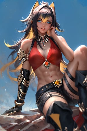 epicDiP, score_9, score_8_up, score_7_up, score_6_up, 1girl, dehya \(genshin impact\), (sideboobs), dark-skinned female, black hair, yellow streak, crossed bangs, hair between eyes, hair flaps, long hair, detailed face, perfect face, blue eyes, eyeslashes, orange eyeliner, red clothes, sweat, (perfect eyes), beautiful detailed eyes, (sweat:1.2), smile, smug, grin, parted lips, jewelry, [[abs]], shiny skin, midriff, navel, knee boots, face focus, close-up, viewed from below, looking at viewer, sitting on rock, leaning forward,  knee boots, (desert background), depth of field