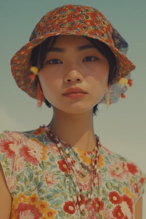 fashion_shot of asian woman under colorful crop top, medium shot, depth , contrast color