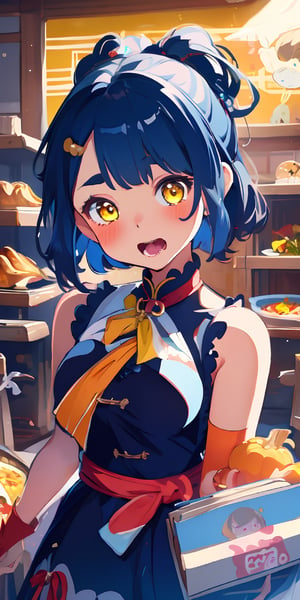 (masterpiece), best quality, ultra-detailed, illustration, (kawaii style), , anime style, pastel colors, kawaii, cute colors, (1girl), solo, xiangling \(genshin impact\), short hair, blue hair, thick eyebrows, hairclip, (hair rings), braid, yellow eyes, chinese clothes, bare shoulders, sleeveless, , 1girl, cute, facial expression, anticipation, mouth open, saliva, drooling, big eyes, sparkling, bright colors, joyful, happiness, blush, cheeks, xianglingdef, turkey food, thanksgiving, (happiness),Thanksgiving turkey