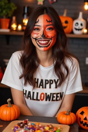 A fun Korean woman flashes a bright smile with her vibrant Halloween Facepaint, her eyes glowing like jack-o'-lanterns. She’s rocking a white "Happy Halloween" t-shirt that matches her spirited mood. Surrounded by colorful candies and spooky treats, she invites everyone to join in the festive fun!