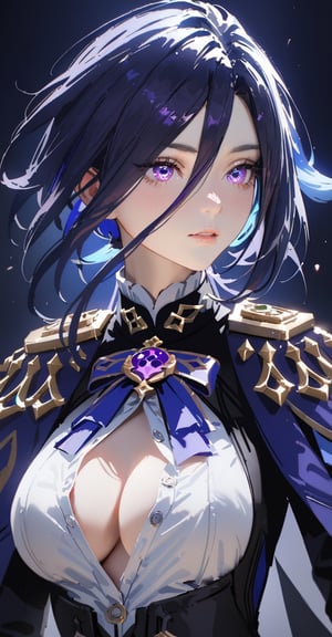 (highly detailed:1.3),upper body,  clorinde \(genshin impact\), purple eyes, detailed clothes, unbuttoned shirt, [[cleavage]], detailed lips, 
Ultra-detail,(highres:1.1),best quality,(masterpiece:1.3),cinematic lighting,
(detailed face and eyes:1.3), (by gawako:0.3), (by rella:0.4), (by wlop:0.3),clorinde \(genshin impact\)