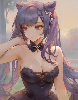 1girl, (sweat), keqing \(genshin impact\), purple eyes, purple hair, twintails, long hair, bangs, cone hair bun, double bun, hair ornament, hair ribbon, bow, official alternate costume, opulent splendor, black dress, strapless dress, bare shoulders, cleavage, breasts, medium breasts, looking away, hand on hair, nail polish, purple nails, upper body, evening, masterpiece, high quality, ultra detailed, complex lighting, contrast lighting, dim lighting, evening lighting, 
dark shades, pastel pale shades, blur background, chromatic aberration, outdoors, park, sannso, agoto, tsubonari, diyokama, sho, matcha, njer, cutesexyrobutts:0.7