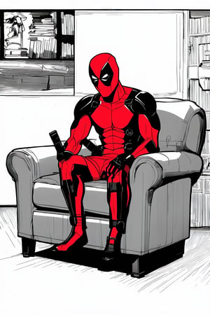 Manga style illustration,  deadpool sitting on sofa,  epic manga panel