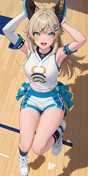 (masterpiece, sidelighting, finely detailed beautiful eyes: 1.2), masterpiece*portrait, 3d face, lustrous skin, 1girl, solo, kirara, ahoge, hair ornament, animal ears, , breasts, sportswear, shorts, shirt, white shorts, shoes, armpits, sleeveless, basketball, looking at viewer, jumping, basketball uniform, sneakers, sweat, sleeveless shirt, open mouth, arm up, ball, (from above), (basketball arena),kirara /(genshin impact/), green eyes, two tails, paw