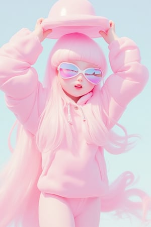 kyute_doll twirled in a fluffy pastel pink jacket, her heart-shaped sunglasses reflecting the sunlight. With a playful grin, she tossed her puffy pink hat into the air, letting it land perfectly atop her head.