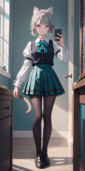 (masterpiece, best quality, ultra high res:1.1), (illustration), beautiful detailed face, beautiful detailed eyes, long hair, long sleeves, black dress, black vest, collared shirt, teal bow, cat ears, parted lips, purple eyes, cat tail, grey hair, grey pantyhose, black loafers, puffy sleeves, bowtie, plaid skirt, pleated skirt, black skirt, teal skirt, , cellphone, holding, holding phone, selfie, indoors, contemporary, full body, legs, looking at viewer, mirror, reflection, standing, ,  animal ears