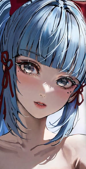 masterpiece, best quality, ultra-detailed, best illustration, portrait, upper body, by nixeu, 1girl, kamisato ayaka, genshin impact, blunt bangs, hair bow, hair ribbon, red ribbon, light blue hair, grey eyes, mole under eye, ponytail, (close-up), face focus, topless, collarbone, blush, finger to mouth, horny, seductive, (saliva:0.3), shiny skin, beautiful skin, (selfie), head tilt