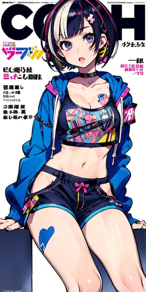 punk girl, short hair, (bob cut hair, sitting), detailed background, (pop art, decora art style, doodle art), (hair accessories, ribbons), (cropped hoodie, shorts, midriff), accessories, body stickers, ((perfect legs, contrapposto)), navel, deep cleavage, lewd, multicolored hair, streaked hair, mksks style, , (tired eyes, open mouth), dynamic angle, (magazine cover, text)