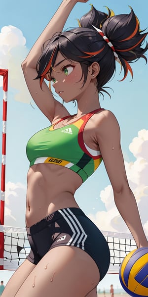 (masterpiece), best quality, ultra-detailed, illustration, kawaii style pastel colors, , kawaii, cute colors, keqing (genshin impact), hair xinyanrnd, , 1girl, green eyes, black hair, red hair, multicoloured hair, dark-skinned female, dark skin, alternate costume, sportswear, green sports bra, stomach, breasts, cleavage, collarbone, navel, green shorts, short shorts, arm up, armpit, (dynamic pose:1.4), looking forward, focused, sweat, cloud, day, outdoors, sky, solo,  (volleyball, playing volleyball, beach volleyball), (from below, from side), (close-up),