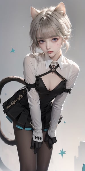 (((masterpiece))), (((best quality))), ((ultra-detailed)), (illustration), ((an extremely delicate and beautiful)), (detailed light), (bloom), looking at viewer,niji,1girl, leaning forward, star \(symbol\),bow ,bowtie clothing ,cutout puffy sleeves ,white shirt ,gloves ,cat tail ,black dress ,black skirt ,cleavage, black pantyhose,bow bowtie clothing cutout puffy sleeves white shirt gloves cat tail black dress black skirt black pantyhose,masterpiece,Realism,Detailedface, (white background), perfect hand