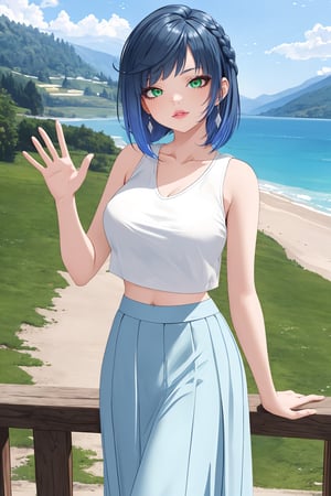 cute scenery, best quality, masterpiece High resolution, good detail, bright colors, HDR, 4k 

1girl, milf, mature, happy smiling, pop color, casual clothes , [[white crop top]], long skirt, waving, wink, yelandef, blue hair, milf, standing, scenery,YelanV4