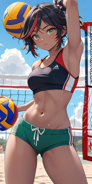 (masterpiece), best quality, ultra-detailed, illustration, kawaii style pastel colors, , kawaii, cute colors, keqing (genshin impact), hair xinyanrnd, , 1girl, green eyes, black hair, red hair, multicoloured hair, dark-skinned female, dark skin, alternate costume, sportswear, green sports bra, stomach, breasts, cleavage, collarbone, navel, green shorts, short shorts, arm up, armpit, (dynamic pose:1.4), looking forward, focused, sweat, cloud, day, outdoors, sky, solo, virtual youtuber, (volleyball, playing volleyball, beach volleyball:1.2), (from below), (close-up),