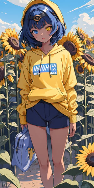 (masterpiece), best quality, ultra-detailed, illustration, (kawaii style), pastel colors, kawaii, cute colors, , 1girl, candacernd, ,heterochromia, dark-skinned female, yellow eyes, blue eyes, tan skin, blue hair, (alternate costume), regular outfit, baggy hoodie, yellow hoodie, sunflower, sunflower fiels, blue sky,candacedef