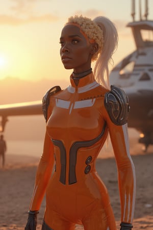 Wide-angle shot of an African woman in sleek sci_fic armor, standing at a desolate spaceport, with a massive spacecraft casting long shadows in the fading sunlight.