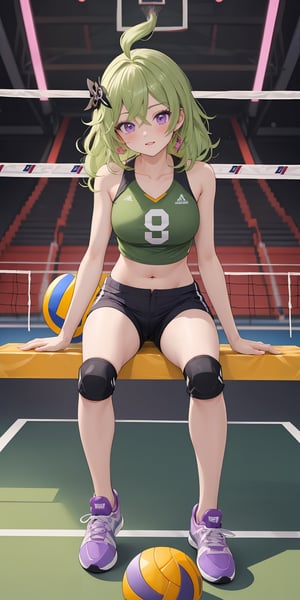 (masterpiece), best quality, ultra-detailed, illustration, kawaii style, pastel colors, kawaii, cute colors, pastel colors, colleirnd, crossed bangs, green hair, hair ornament, medium hair, (purple eyes:1.1), sidelocks, , (alternate costume), alternate costume, sportswear, tank top, midriff, navel, black shorts, short shorts, shorts, sitting, knees up, shoes, sneakers, indoors, ((volleyball hall))