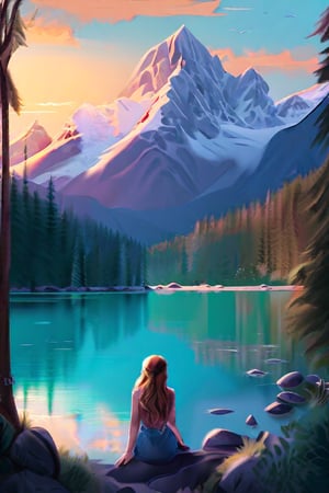 a beutiful girl that visually appealing digital painting landscape highlighting the serene interplay among a glassy blue lake, verdant foliage, and imposing snow-capped mountains bathed in soft, warm light at dawn or dusk. Use intricate layers, delicate brushwork, and precise shading to capture vivid textures of trees, rocks, and water surfaces, emphasizing realistic yet whimsical visual qualities. Implement atmospheric perspective, contrasting colors, and strategic compositional choices to establish depth and balance, resulting in a peaceful yet powerful representation of nature's untouched splendor.