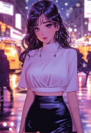 In a glamorous manhwa_style, the girl flaunts an elegant cropped top paired with a sleek skirt, her hair styled in loose waves as she strikes a confident pose, ready for a night out in a bustling city filled with twinkling lights and lively energy.