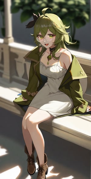 amazing quality, masterpiece, best quality, absurdres, beautiful, detailed shadow, aesthetic, 1girl, Collei Genshin Impact, solo, long hair, breasts, smile, open mouth, dress, bare shoulders, sitting, jacket, flower, green hair, glasses, off shoulder, white dress, blurry, plant, blurry foreground, green jacket, round eyewear, railing, spaghetti strap, chromatic aberration, 