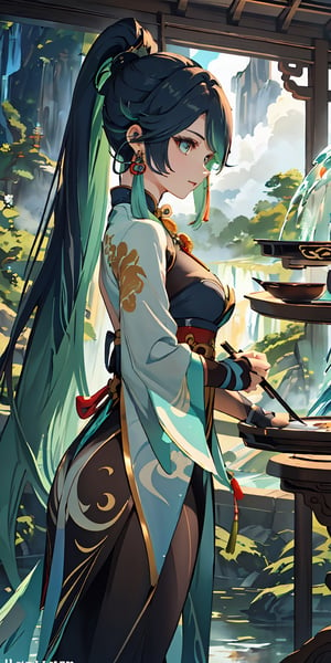 sincerity light, ((foggy)), shadow, pastel light, ((scenery only)), breeze, , (((extremely detailed))), , high res, (solo cloud retainer \(genshin impact\) calligraphy by ink:1.9), (chinese long hairstyle:1.8), (ancient chinese teahouse:1.9), (chinese screens with crans + waterfall on background:1.9), (warm, sunny, fresh, low contrasts),
 (((((traditional chinese))))), kawaii, pastel colors, cute colors, (complex layering), majestic + extremly soft light, (top quality), (ultra-detailed, 4k quality), (large masterpiece digital art), glowing a soothing blue, ((magical sparkling)), day,  , glowing, glitter, airy, soft edges, , flat, , elbow gloves, high ponytail, black hair, hair ornament, (CloudRetainer from Genshin Impact), green hair, bodysuit, multicolored hair, two-tone hair, earrings, chinese clothes, ponytail, long hair, hair ornament, (black hair & green hair & multi-coloured hair), ,xianyun,long hair,xianyun \(genshin impact\)