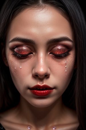 (digital art, ultra-realistic, high detail, high resolution, photorealistic) close-up of cute girl face with eyes closed, illuminated by a deep red light. The face is covered with droplets of red water, creating an abstract geometric pattern. The background is a black-glittered texture, enhancing the sparkle and reflection of the droplets. The woman's eyelashes and lips are accentuated, with the red light adding a shimmering effect. The overall atmosphere is dark, mysterious, and vibrant, with a focus on the contrast between the red and black elements, giving a surreal and captivating visual experience.