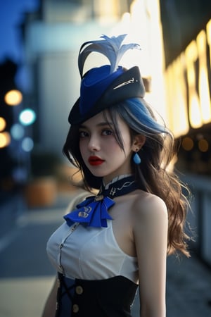 cinematic photo (art by Mathias Goeritz:0.9), photograph, clorinde (genshin impact), deep blue hair, purple eyes, blue headwear, white gloves, black pantyhose, earrings, hat feather, garter strap, corset, epaulettes, large breasts, long hair, tilt shift, Horror, specular lighting, film grain, Samsung Galaxy, F/5, (cinematic still:1.2), 35mm photograph, film, bokeh, professional, 4k, highly detailed, photo r3al,1,arlecchino,clorinde (genshin impact)