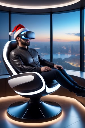 ((masterpiece, best quality)), ((christmas)), futuristic house, cyber , data, holographic, (santa claus wearing VR headset:1), sitting in futuristic chair, A futuristic house, shining with vibrant lights, (best quality,4k,8k,highres,masterpiece:1.2), (realistic,photorealistic,photo-realistic:1.37), ultra-detailed, ultra-modern architecture, cutting-edge design, sleek and angular lines, glass walls, interactive holographic displays, (HDR,UHD) representations, (studio lighting), smart home automation, nature-inspired elements, (vivid colors), floating furniture, high-tech gadgets, state-of-the-art appliances, (bokeh) effect, panoramic views of the cityscape, (physically-based rendering), lush indoor gardens, (sharp focus), minimalist interiors, (extreme detail description), (professional) interior design, futuristic transportation systems, flying vehicles, robotic assistants, (concept artists) dream, a vision of the future.,Cyberpunk VR 