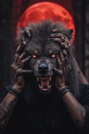 handsface, a fierce werewolf woman, her snarling face covered by fur-covered claws with sharp black nails. The hands crawl up her muzzle and around her glowing eyes, their nails glistening as they tug at her fur. Her face is pulled into a grimace as the hands tighten their grip, while the red moon looms large behind her, casting an ominous glow over the forest clearing.