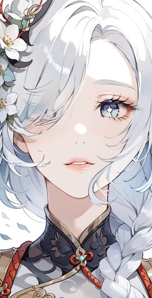 masterpiece, best quality, aesthetic, 1girl, Shenhe  \(genshin impact\) , white hair, braided ponytail, (hair over one eyes), milf, official art, close-up, detailed lips, thank you, white flower, ultra detailed eyes, beautiful eyes, eyes focus