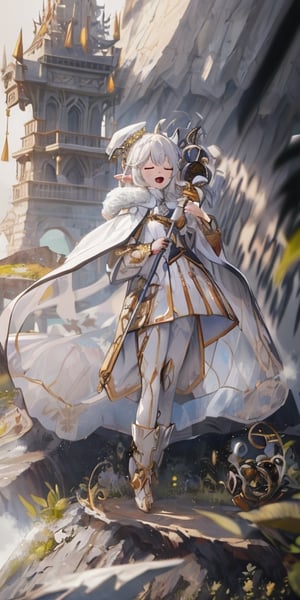 fantasy game, 1girl, clevitating, Nahida \(genshin impact\), elf ears, closed eyes, open mouth, holding staff, white baret, white clothes, wizard, magic, earth magic, glowing plants surrounding, chanting spell, forest, majestic background, (grey background), magic tower, (depth of field), masterpiece, best quality, amazing quality, very aesthetic, absurdres, intricate details, ultra-detailed, illustration