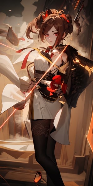 movie poster, 1girl, standing, stab pose, holding stiletto, needle knife, assasin, chiori \(genshin impact\), red eyes, brown hair, drill hair, hair ornament, (white blouse, sleeveless blouse), (black skirt,mini skirt), golden mantle, flying fabric, scattered glass, broken glass flying around, (depth of field), masterpiece, best quality, amazing quality, very aesthetic, absurdres, intricate details, ultra-detailed, illustration,epic, cinematic, ((foggy background)), pastel color, (red x laser), indoor