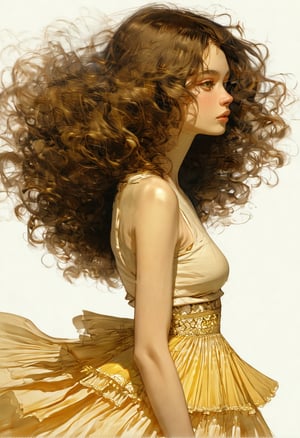 animaport, digital illustration, portrait, A woman with voluminous, wavy hair cascading over her shoulders stands in profile, wearing a fitted sleeveless top. Her intricate, layered skirt in soft gold flows around her as if caught in motion, with delicate folds adding a romantic touch.