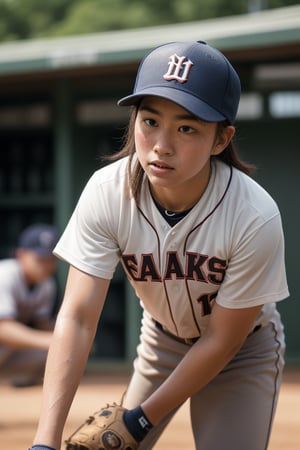 Baseball Player, a japanese girl, (solo), cinematic still, cinemascope, perfect composition, intricate details, ultra-detailed, vivid colors, (sweat:1.2), [motion blur], perfect hand, wiping sweat, masterpiece, best quality, amazing quality, very aesthetic, absurdres