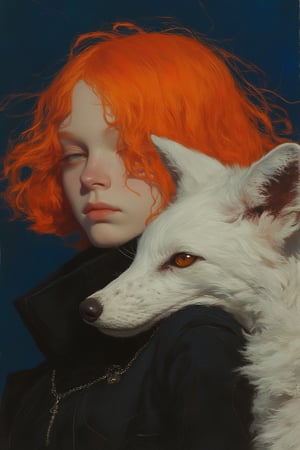 animaportrait of a woman with fiery orange hair and a sleek white fox, set against a deep navy blue background, mysterious and striking, colorful, contrast, absurdres.