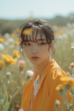 fashion_shot of korean woman in flower field, professional photo