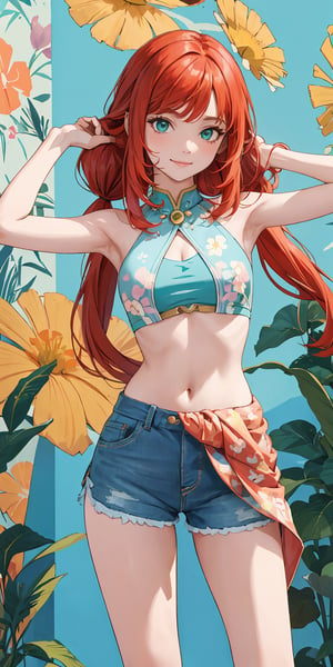 a flat lineart of a young sexy beautiful woman, standing leaning against colorful wall printed botanial floral and fauna patterns at pop-style Private Rooms,kind smile, aqua eyes, red hair, twintails, detailed realistic clothes, crop top, asymetrical clothes, bare legs, shorts, soft tone,only in four colors,a ncg, deep cleavage, armpit, nilou (genshin impact), 