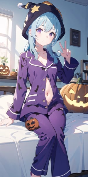 (masterpiece), best quality, ultra-detailed, illustration, 1girl, sitting, light blue hair, purple_eyes:1, orange_eyes :0.4, kawaii style, cute, 1girl, standing, (wearing a cute pajamas, pumpkin pattern pajamas), (long pants), navel cut out, fluffy hat, pink slippers, eularnd, halloween, (white room, spider web, messy room)