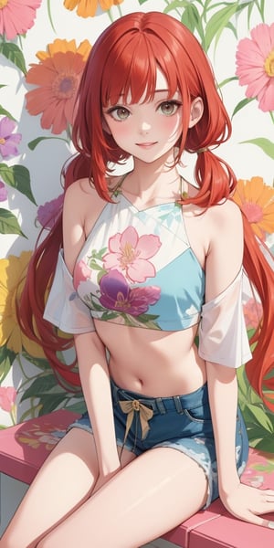 a flat lineart of a young beautiful woman leaning against colorful wall printed botanial floral and fauna patterns at pop-style Private Rooms,kind smile,bangs,messy short-bob,detailed realistic clothes, crop top, asymetrical clothes, bare legs, shorts, soft tone,only in four colors,a ncg, nilou (genshin impact), red hair, twintails